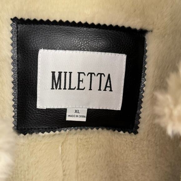 Miletta Black Cream Vegan Faux Leather Fur Trim Lined Zip Bomber Jacket Sz XL - Picture 7 of 15
